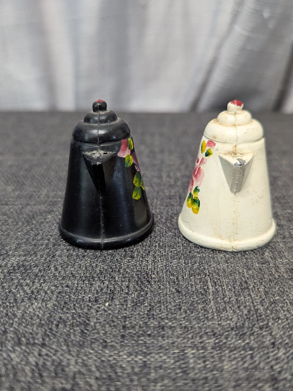 Cast Iron Coffee Tea Pot  Salt Pepper Shakers Floral Hand Painted Vintage Mini
